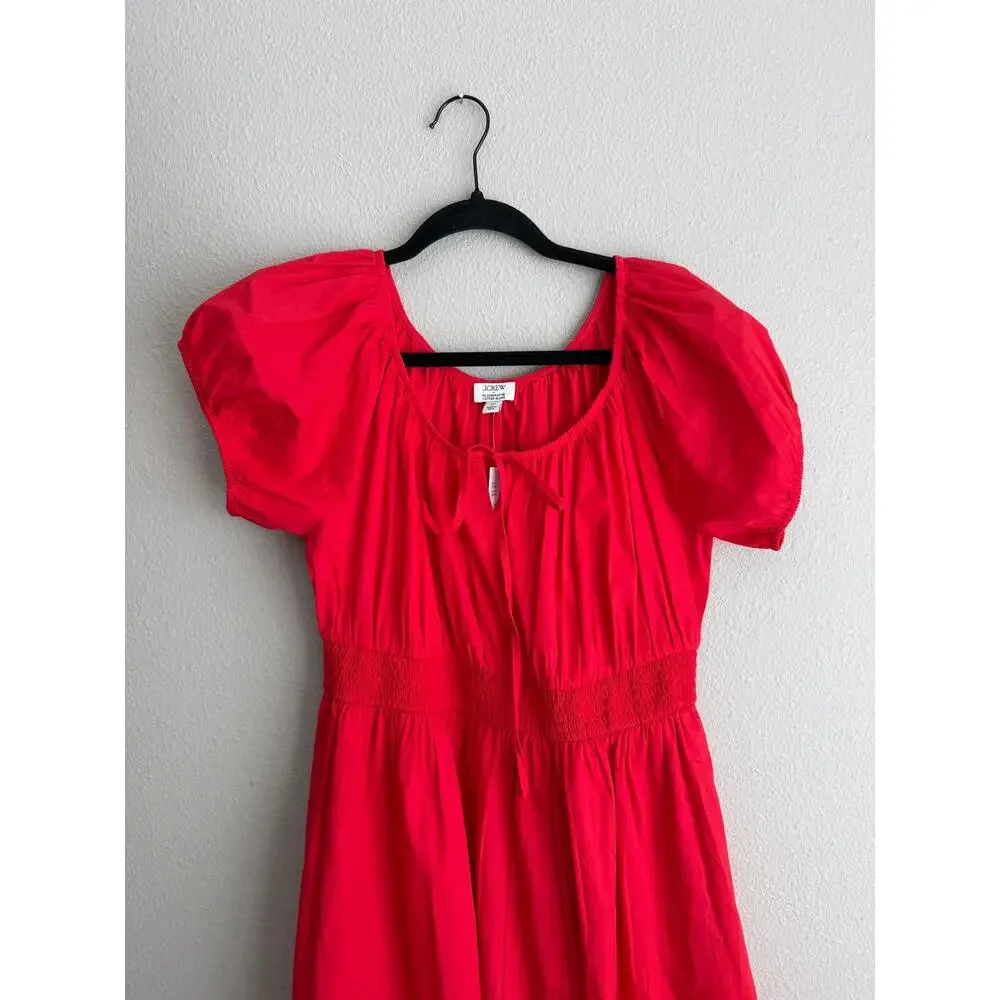 NWT J. Crew Sz LP Smocked Waist Midi Dress Bright Red Peasant Puff Sleeve Cotton